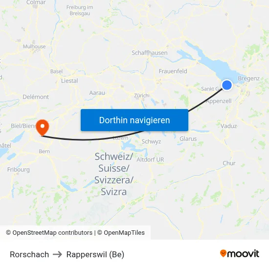 Rorschach to Rapperswil (Be) map