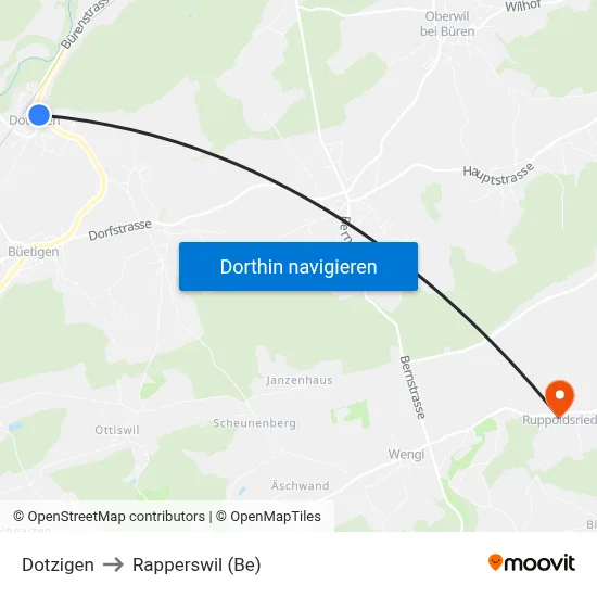 Dotzigen to Rapperswil (Be) map