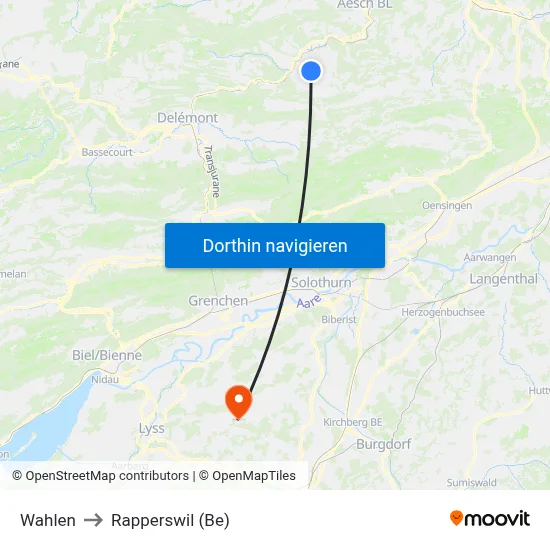Wahlen to Rapperswil (Be) map