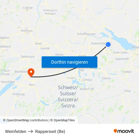 Weinfelden to Rapperswil (Be) map