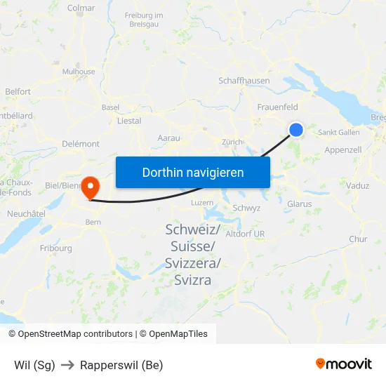 Wil (Sg) to Rapperswil (Be) map