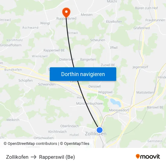 Zollikofen to Rapperswil (Be) map