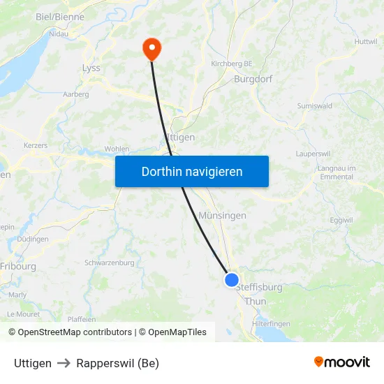 Uttigen to Rapperswil (Be) map