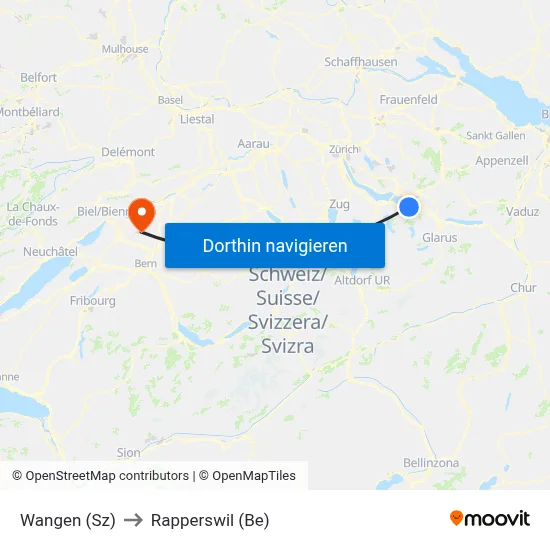 Wangen (Sz) to Rapperswil (Be) map
