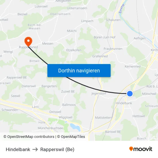 Hindelbank to Rapperswil (Be) map