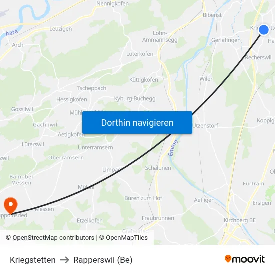 Kriegstetten to Rapperswil (Be) map