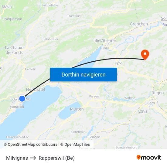 Milvignes to Rapperswil (Be) map