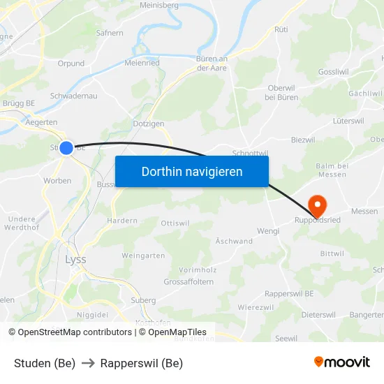 Studen (Be) to Rapperswil (Be) map