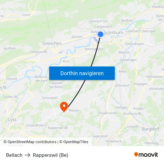 Bellach to Rapperswil (Be) map