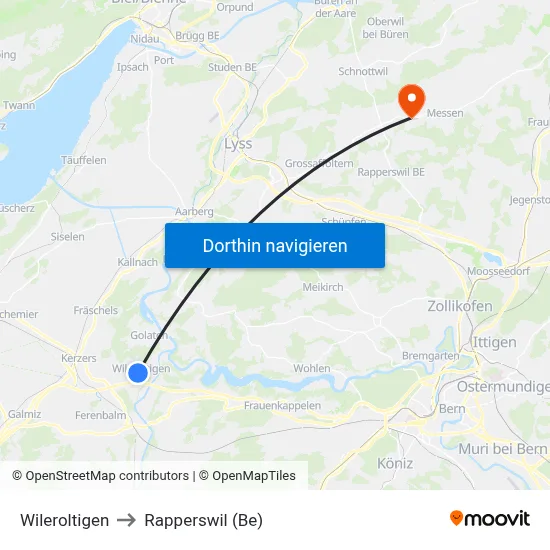 Wileroltigen to Rapperswil (Be) map
