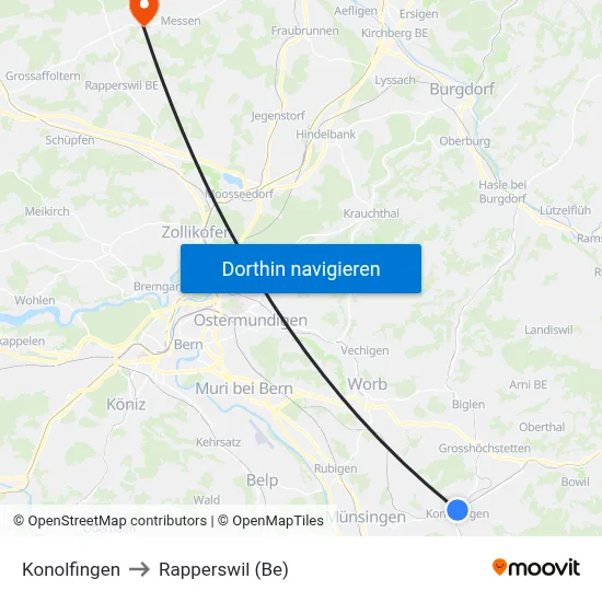 Konolfingen to Rapperswil (Be) map