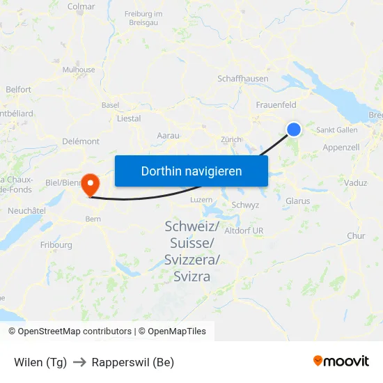 Wilen (Tg) to Rapperswil (Be) map