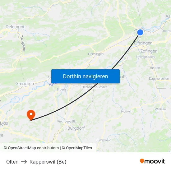 Olten to Rapperswil (Be) map