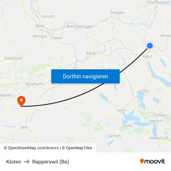 Kloten to Rapperswil (Be) map