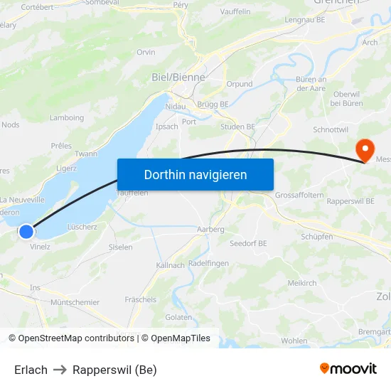 Erlach to Rapperswil (Be) map