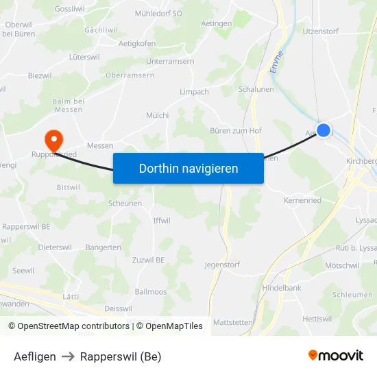 Aefligen to Rapperswil (Be) map