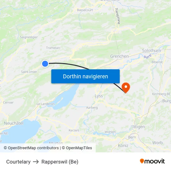 Courtelary to Rapperswil (Be) map