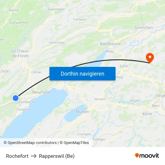 Rochefort to Rapperswil (Be) map
