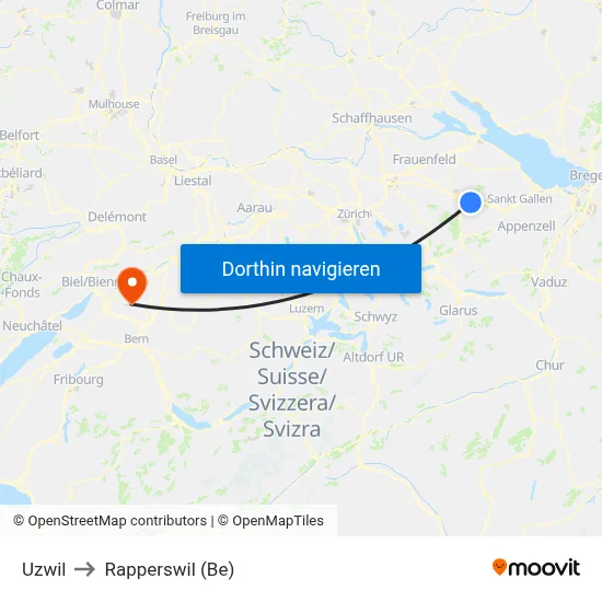Uzwil to Rapperswil (Be) map