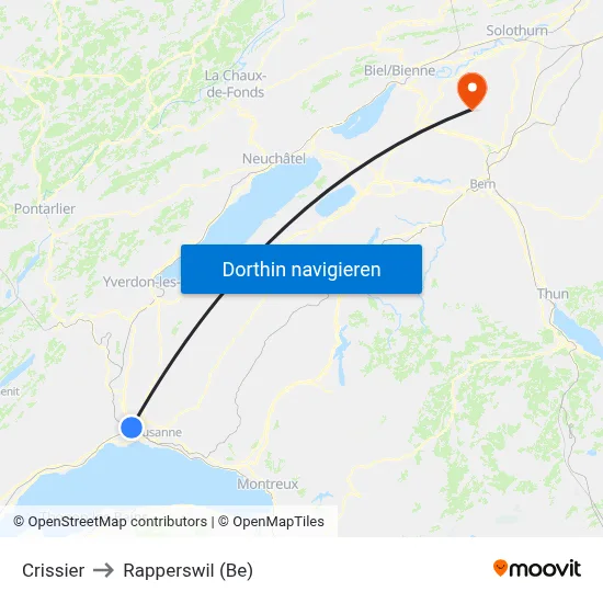 Crissier to Rapperswil (Be) map