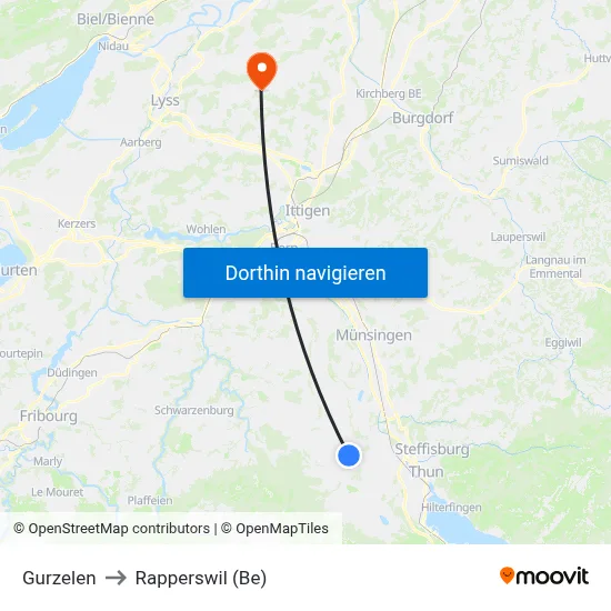 Gurzelen to Rapperswil (Be) map