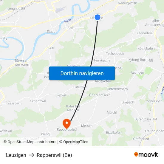 Leuzigen to Rapperswil (Be) map