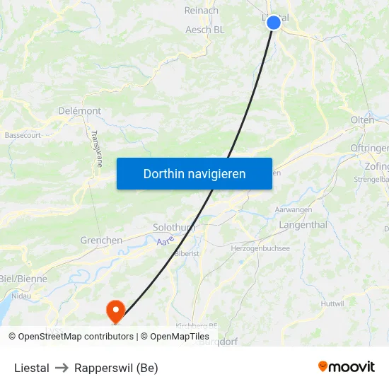 Liestal to Rapperswil (Be) map