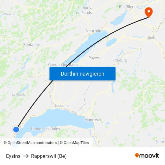 Eysins to Rapperswil (Be) map