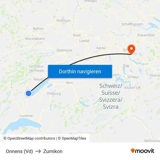 Onnens (Vd) to Zumikon map