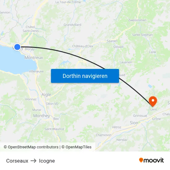 Corseaux to Icogne map