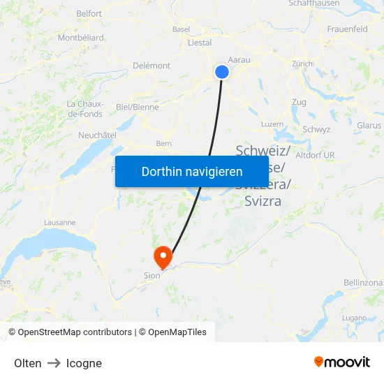 Olten to Icogne map