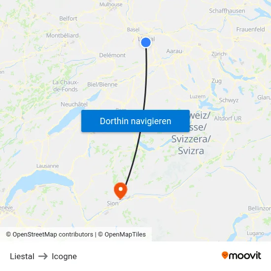 Liestal to Icogne map