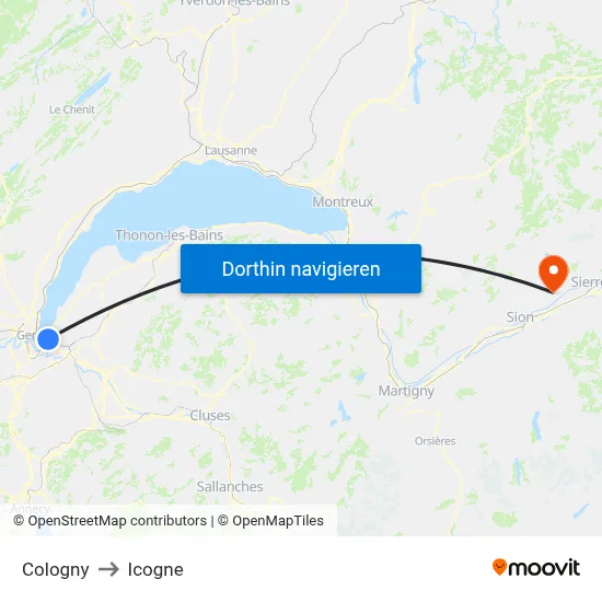 Cologny to Icogne map