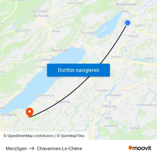 Merzligen to Chavannes-Le-Chêne map