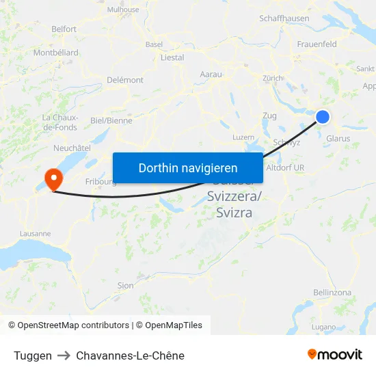 Tuggen to Chavannes-Le-Chêne map