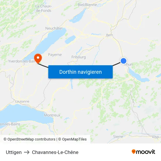 Uttigen to Chavannes-Le-Chêne map