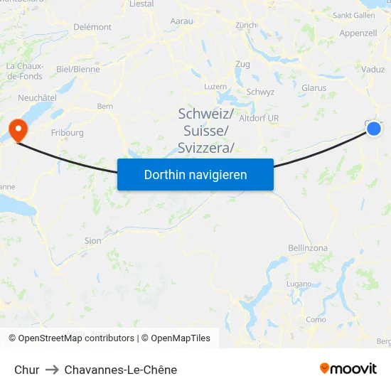 Chur to Chavannes-Le-Chêne map