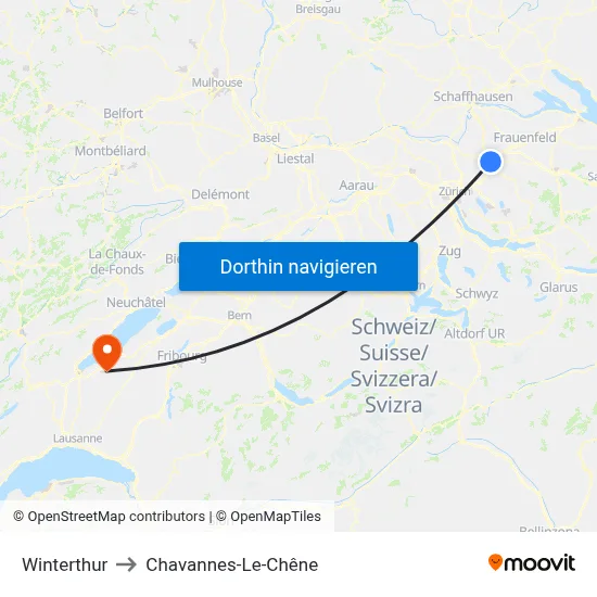 Winterthur to Chavannes-Le-Chêne map