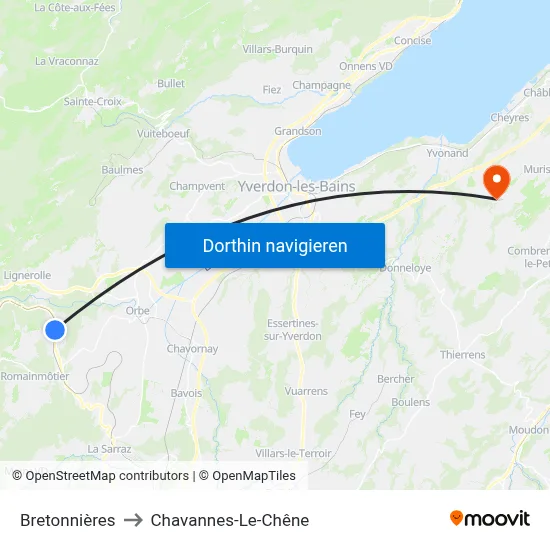 Bretonnières to Chavannes-Le-Chêne map