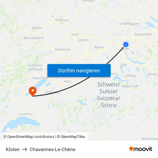 Kloten to Chavannes-Le-Chêne map