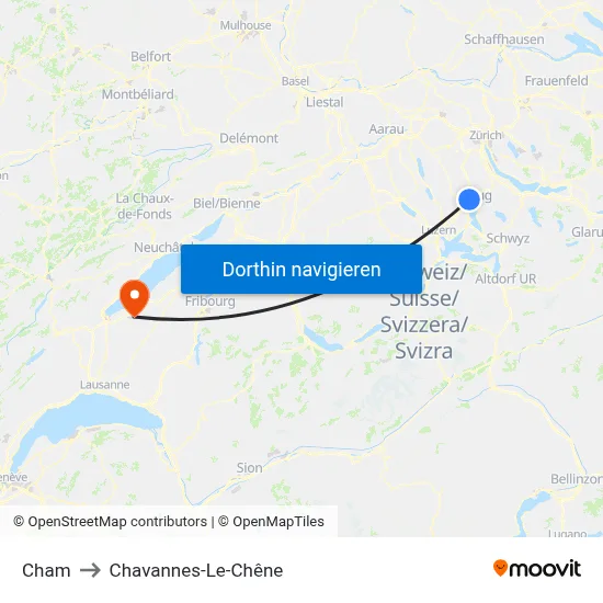 Cham to Chavannes-Le-Chêne map