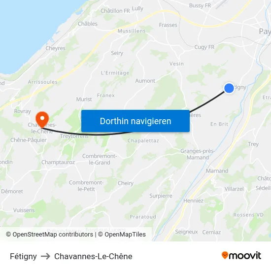 Fétigny to Chavannes-Le-Chêne map