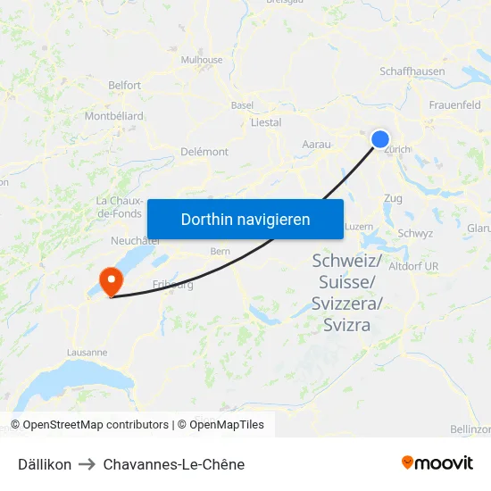 Dällikon to Chavannes-Le-Chêne map