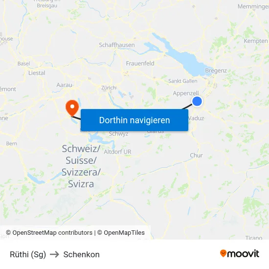 Rüthi (Sg) to Schenkon map