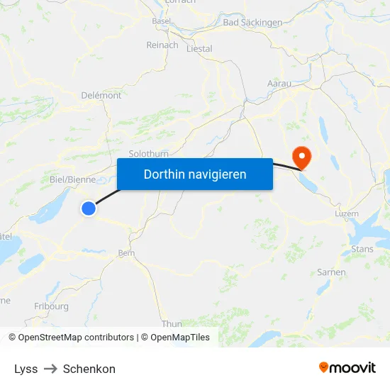 Lyss to Schenkon map