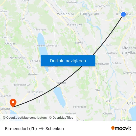 Birmensdorf (Zh) to Schenkon map