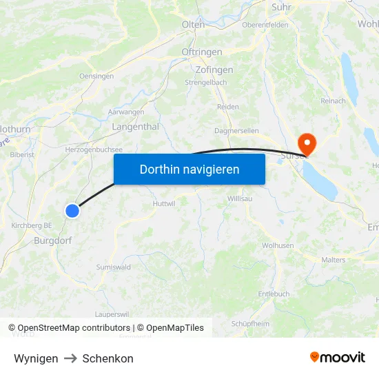 Wynigen to Schenkon map
