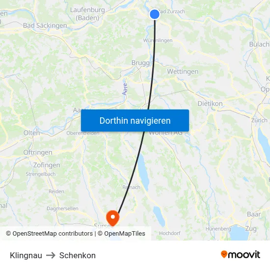 Klingnau to Schenkon map
