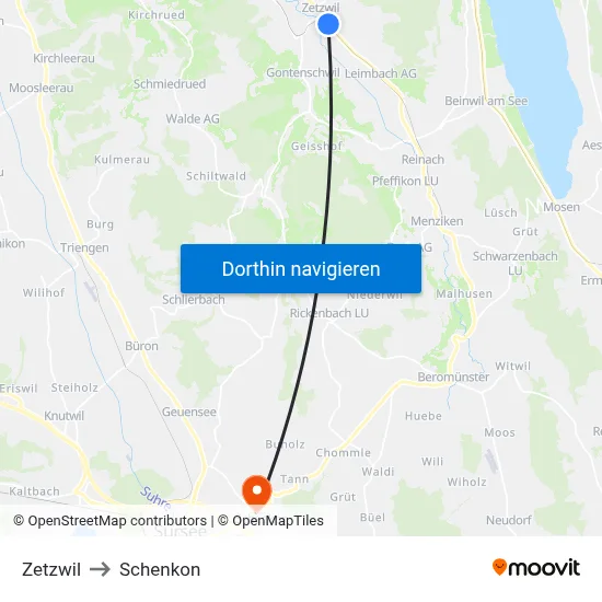 Zetzwil to Schenkon map