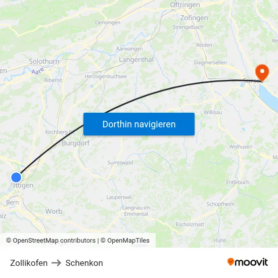Zollikofen to Schenkon map